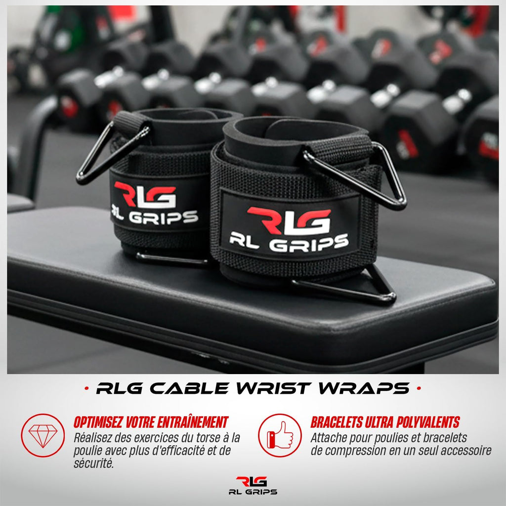 RL Grips Cable Wrist Cuffs Pour Poulie – Manchettes De Poignet Réglables Avec Anneaux Métalliques – Accessoire Pour Machine À Câble Musculation, Fitness Et Entraînement