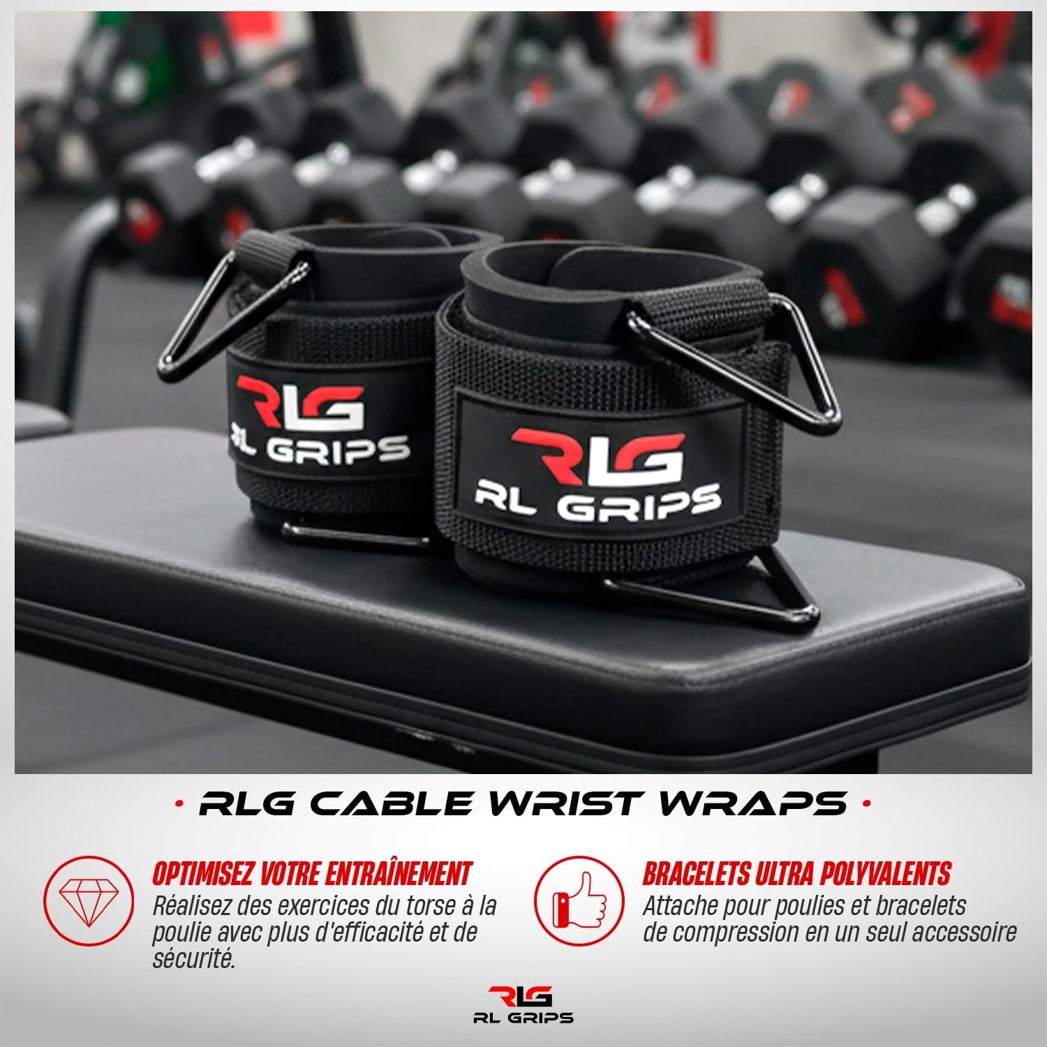 RL Grips Cable Wrist Cuffs Pour Poulie – Manchettes De Poignet Réglables Avec Anneaux Métalliques – Accessoire Pour Machine À Câble Musculation, Fitness Et Entraînement
