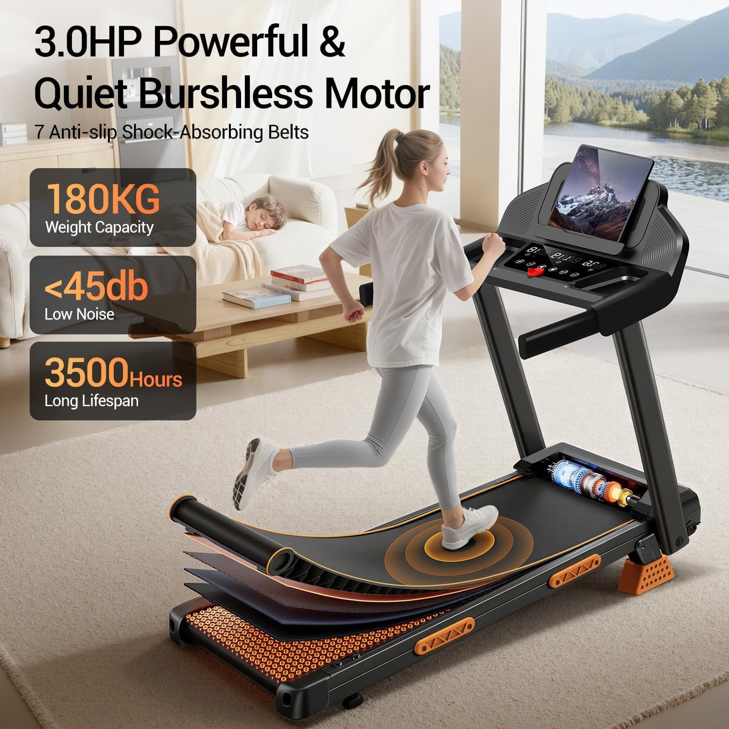 CURSOR Tapis De Course Pliable Inclinable 15%,Tapis De Marche Inclinable 12Km/H,Treadmill Home Avec Moteur 3,0CV Et Affichage LED, Charge Max. 136KG