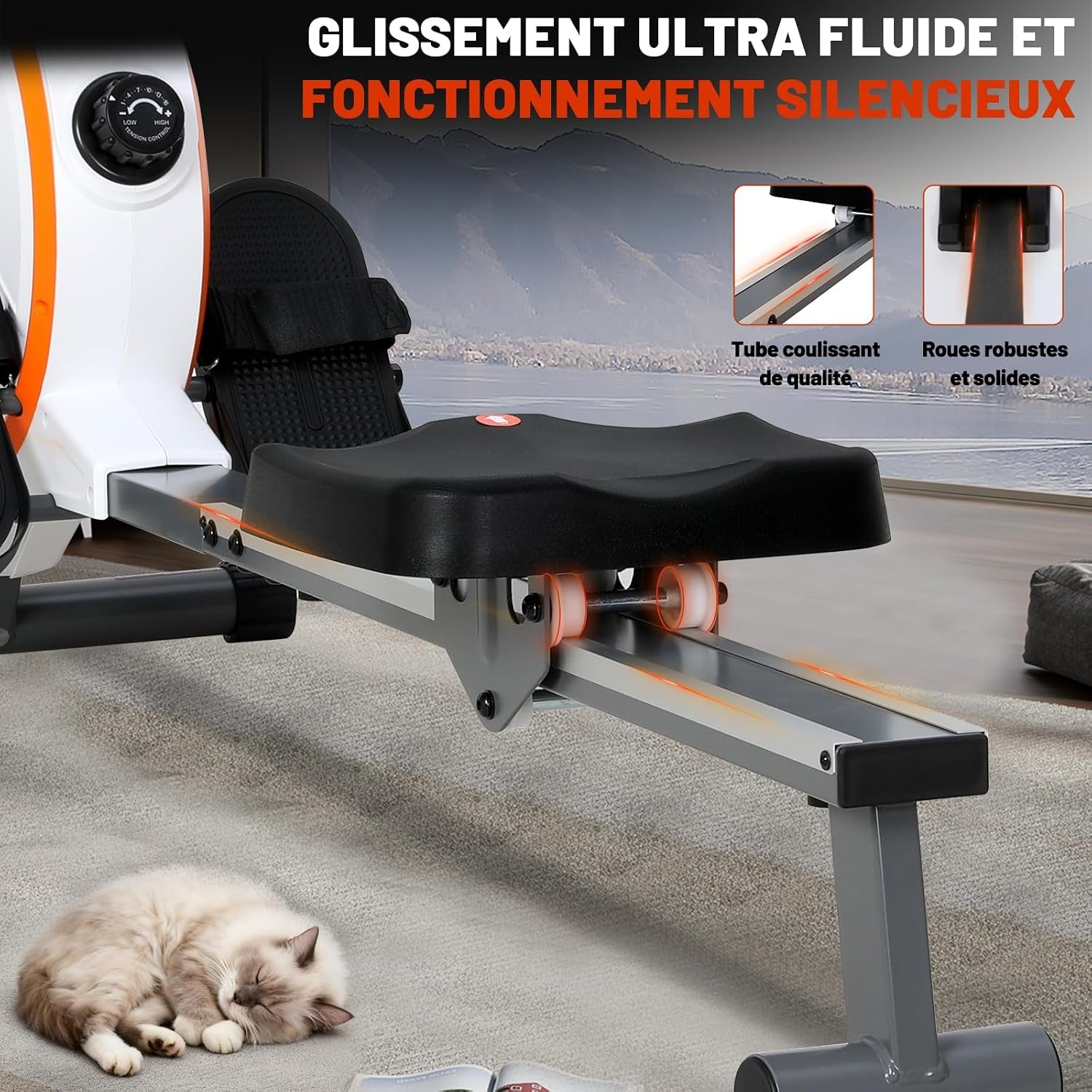 Rameur D'Exercice Professionnel, Moniteur LCD, 16 Niveaux Résistance Magnétique, Structure En Acier, Siège Ergonomique, Rameurs Pour Entraînement À Domicile, Rameur Appartement Silencieux