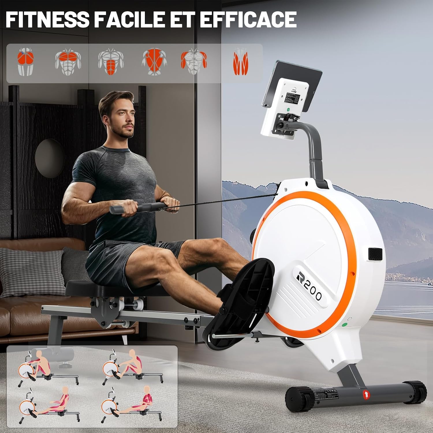 Rameur D'Exercice Professionnel, Moniteur LCD, 16 Niveaux Résistance Magnétique, Structure En Acier, Siège Ergonomique, Rameurs Pour Entraînement À Domicile, Rameur Appartement Silencieux