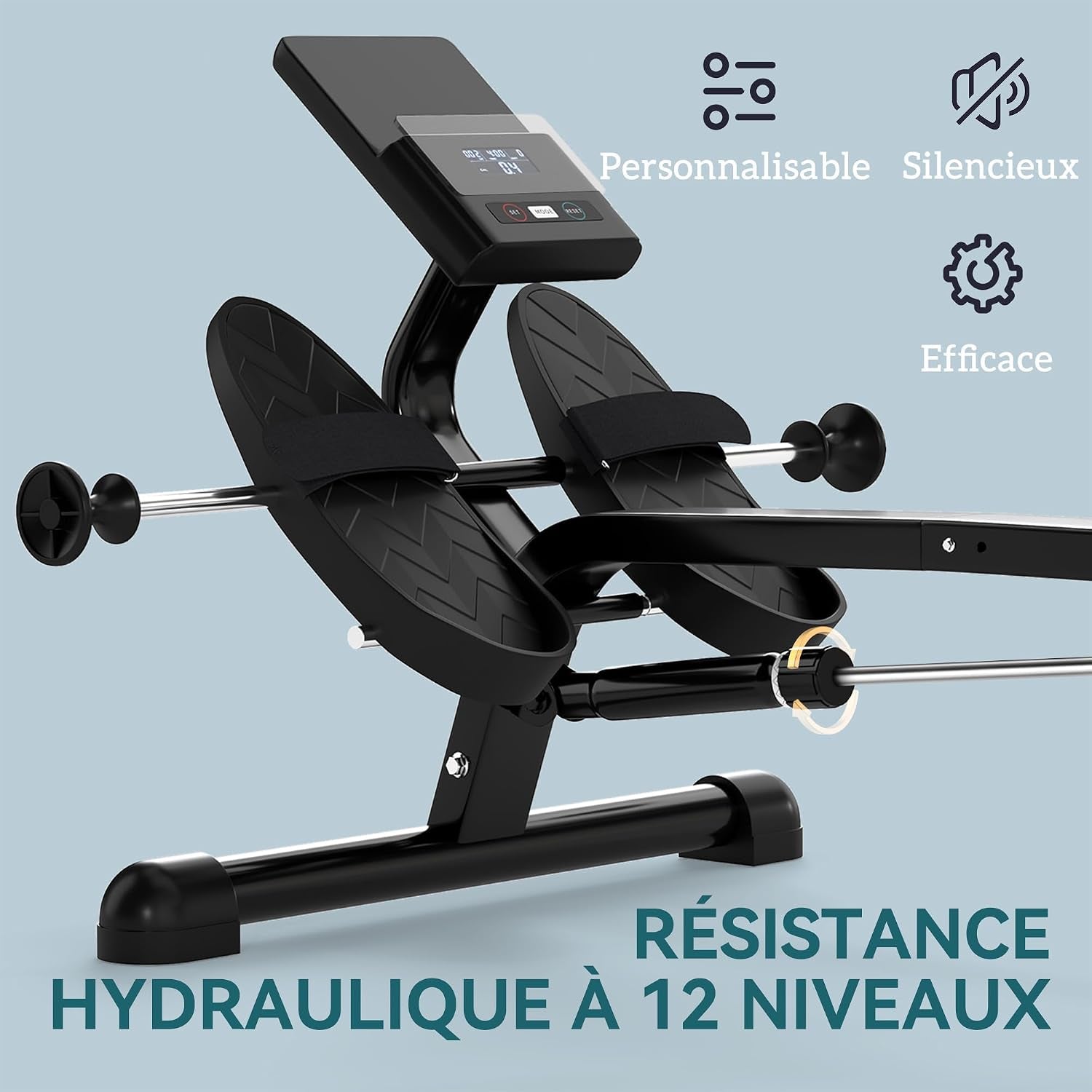 Rameur Hydraulique À Résistance 12 Niveaux, Appareil De Musculation Avec Écran LCD Et Pédale Antidérapante, Capacité Max 130 Kg, Cardio À Domicile, Noir