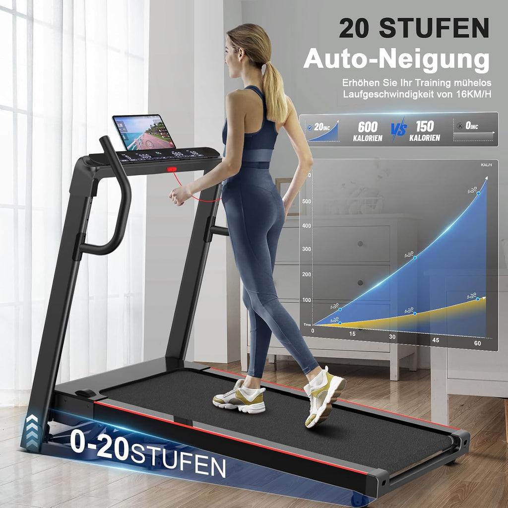 Tapis De Marche Pliable Pour La Maison, 7CV, 20 Niveaux De Pente Automatique, 1-18Km/H, Charge 180KG, Tapis De Course Pour Personnes Lourdes Avec APP, Écran LED, Haut-Parleurs Bluetooth, Silencieux