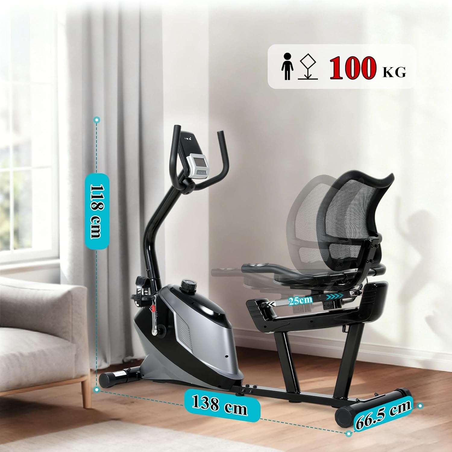 Vélo D Appartement Semi Allongé Magnétique 8 Niveaux Résistance, Velo D Appartement Dossier Réglable Ergonomie, Impulsion/Ecran LCD, Velo Appartement Semi-Allongé Volant Silencieux, Maison/Bureau