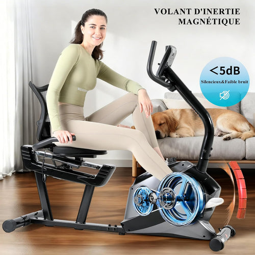 Vélo D Appartement Semi Allongé Magnétique 8 Niveaux Résistance, Velo D Appartement Dossier Réglable Ergonomie, Impulsion/Ecran LCD, Velo Appartement Semi-Allongé Volant Silencieux, Maison/Bureau