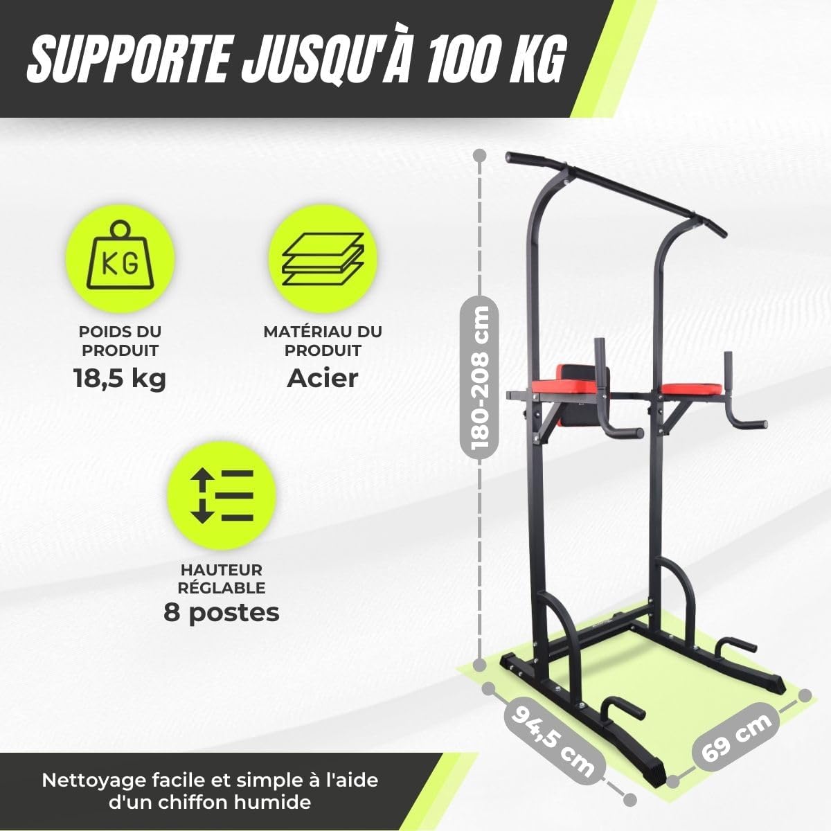 Chaise Romaine Musculation Multifonction - Power Tower Dip Station Réglable avec Dossier Confortable et Poignées Antidérapantes pour Entraînement Complet à Domicile