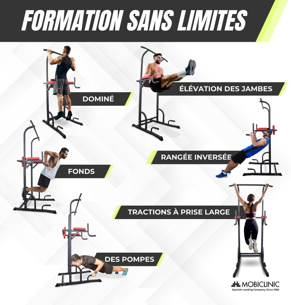 Chaise Romaine Musculation Multifonction - Power Tower Dip Station Réglable avec Dossier Confortable et Poignées Antidérapantes pour Entraînement Complet à Domicile