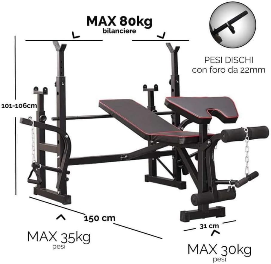 BANC POUR GYM MULTIFONCTION  | BANC PESI ET BANC POUR ABDOMINAUX RÉGLABLE | ÉQUIPEMENT GYM MULTIFONCTION AVEC SQUAT RACK ET BARBELL