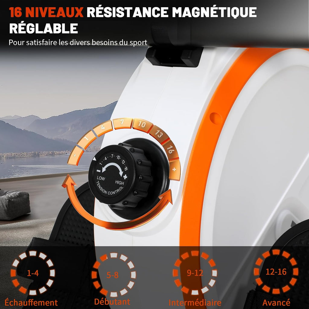 Rameur D'Exercice Professionnel, Moniteur LCD, 16 Niveaux Résistance Magnétique, Structure En Acier, Siège Ergonomique, Rameurs Pour Entraînement À Domicile, Rameur Appartement Silencieux