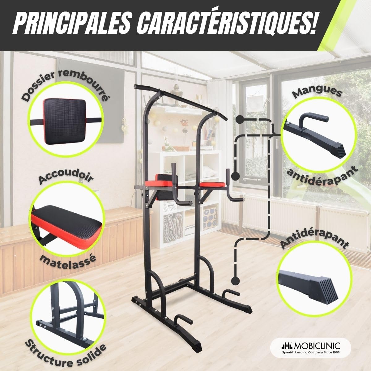 Chaise Romaine Musculation Multifonction - Power Tower Dip Station Réglable avec Dossier Confortable et Poignées Antidérapantes pour Entraînement Complet à Domicile