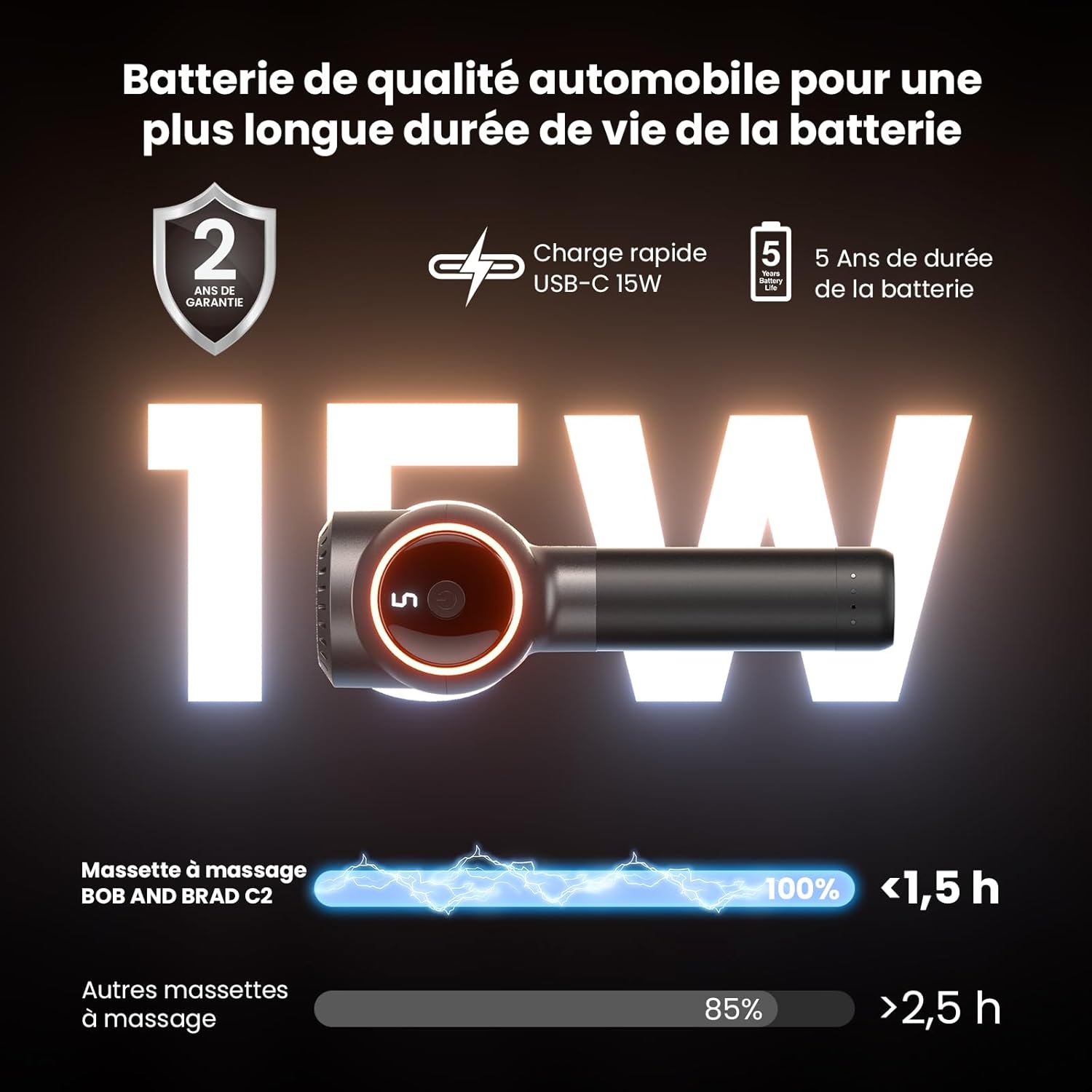 C2 Pistolet de Massage Profond - Appareil Portable avec 5 Vitesses et 5 Têtes pour Soulagement Musculaire à Domicile, au Bureau ou à la Salle de Sport, Couleur Noir