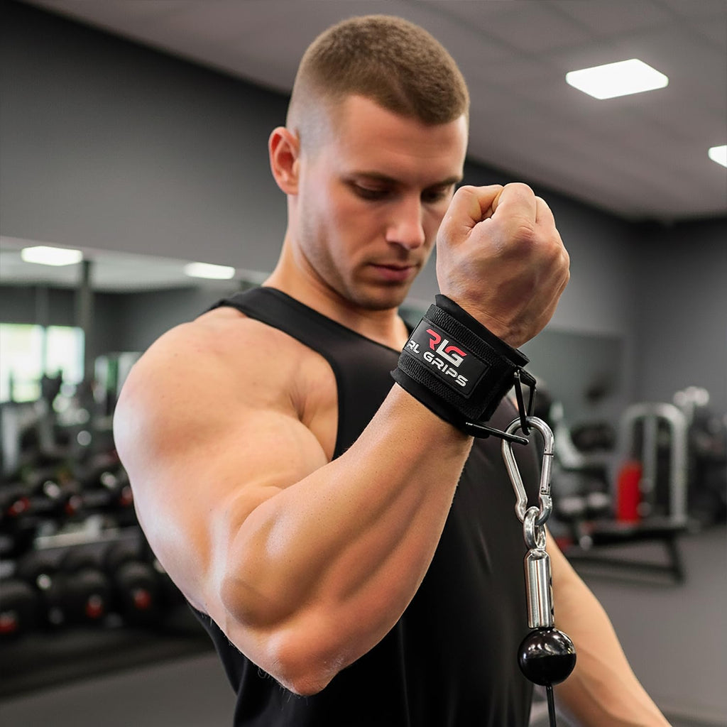 RL Grips Cable Wrist Cuffs Pour Poulie – Manchettes De Poignet Réglables Avec Anneaux Métalliques – Accessoire Pour Machine À Câble Musculation, Fitness Et Entraînement
