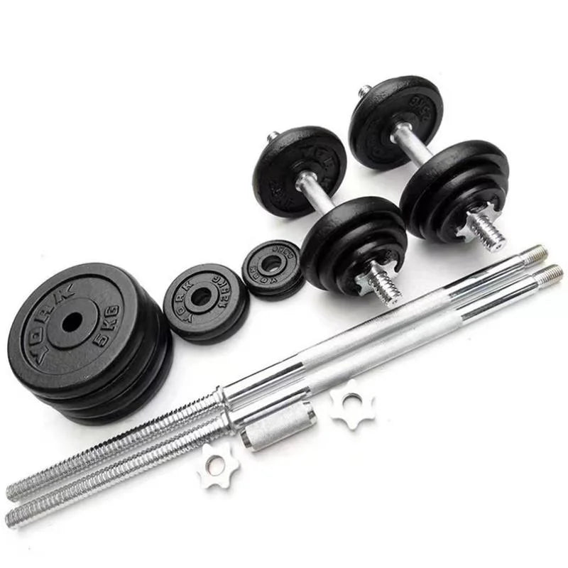 Home gym weightlifting dumbbells of 10kg 15kg 20kg 30kg with set of cast iron dumbbells painted black.