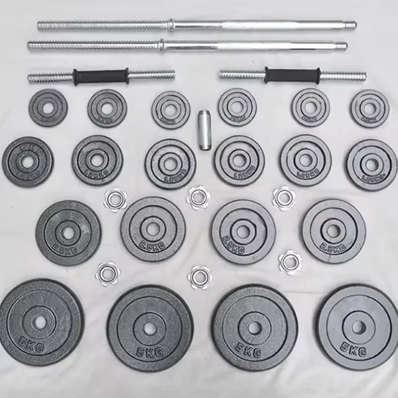 Home gym weightlifting dumbbells of 10kg 15kg 20kg 30kg with set of cast iron dumbbells painted black.