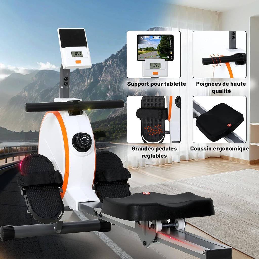 Rameur D'Exercice Professionnel, Moniteur LCD, 16 Niveaux Résistance Magnétique, Structure En Acier, Siège Ergonomique, Rameurs Pour Entraînement À Domicile, Rameur Appartement Silencieux