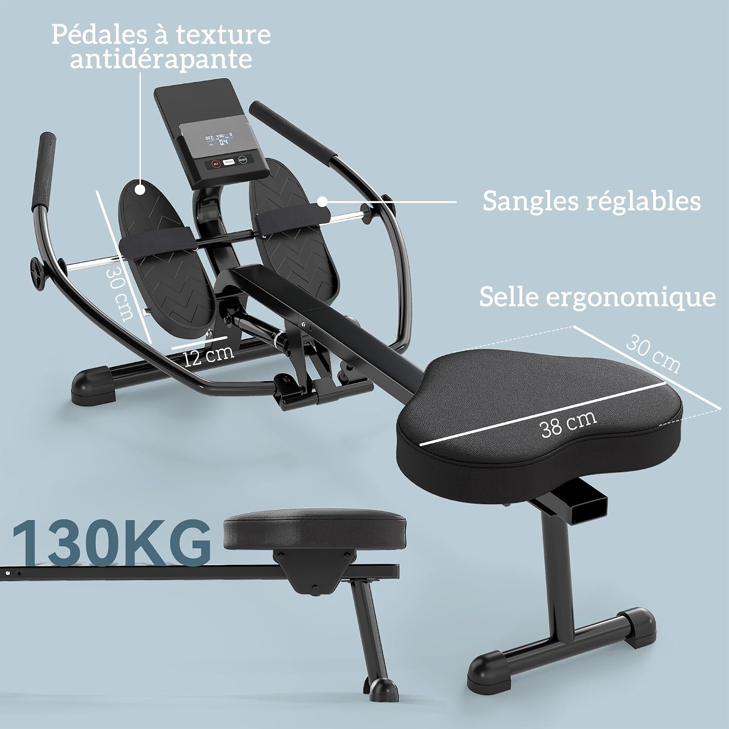 Rameur Hydraulique À Résistance 12 Niveaux, Appareil De Musculation Avec Écran LCD Et Pédale Antidérapante, Capacité Max 130 Kg, Cardio À Domicile, Noir