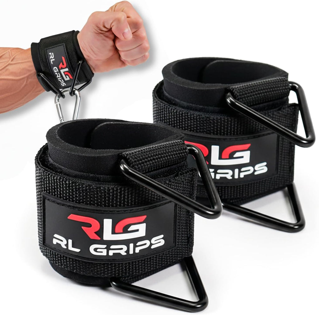 RL Grips Cable Wrist Cuffs Pour Poulie – Manchettes De Poignet Réglables Avec Anneaux Métalliques – Accessoire Pour Machine À Câble Musculation, Fitness Et Entraînement