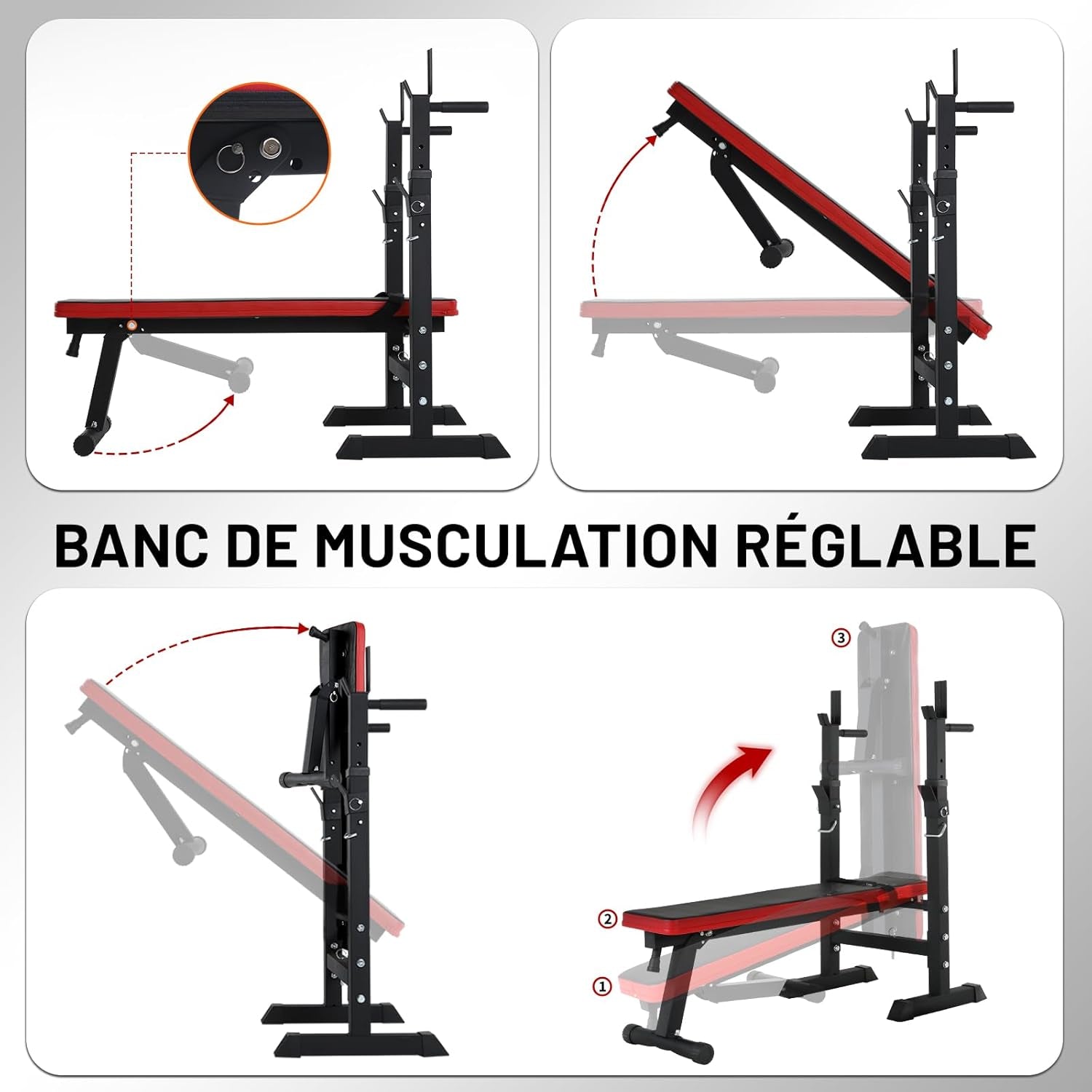 Banc De Musculation Pliable, Banc Musculation Complet Réglable Avec Support De Barres Pour Haltère Et Station À Dips, Bancs De Musculation Réglables, Rack Musculation Homme Sport Maison
